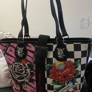 Ed Hardy Black and Red Checkered Floral Tote
